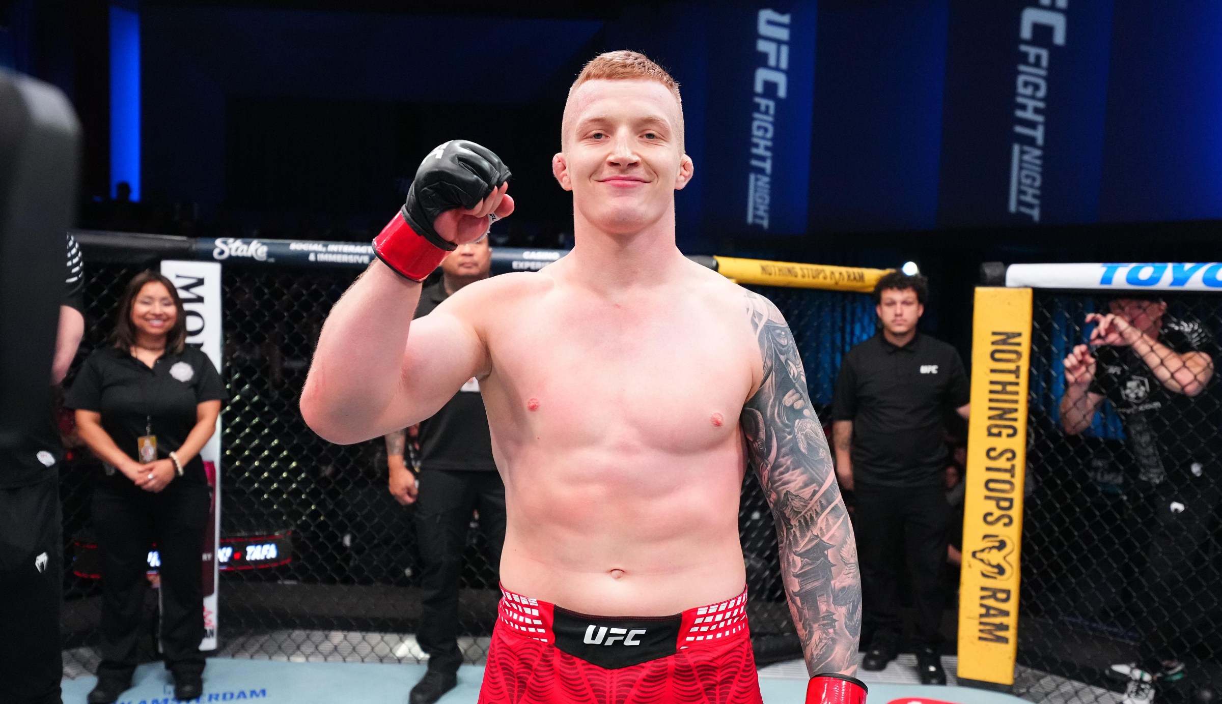 LAS VEGAS, NEVADA - JUNE 06: Iwo Baraniewski of Poland reacts after defeating Junior Tafa of Australia in a light heavyweight fight during the UFC Fight Night event at Meta APEX on June 06, 2026 in Las Vegas, Nevada. (Photo by Chris Unger/Zuffa LLC)