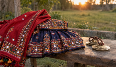 Brampton Garba illustration: embroidered Gujarati clothing and hand cymbals on a wooden bench.