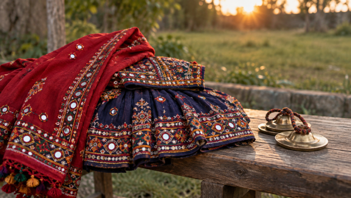 Brampton Garba illustration: embroidered Gujarati clothing and hand cymbals on a wooden bench.