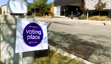 Building with sign in foreground, on grass: "Voting Place."