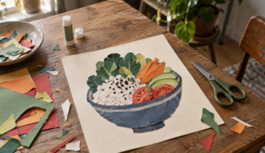 Brampton paper art illustration: a layered paper food collage with scissors and paper offcuts on a wooden table.
