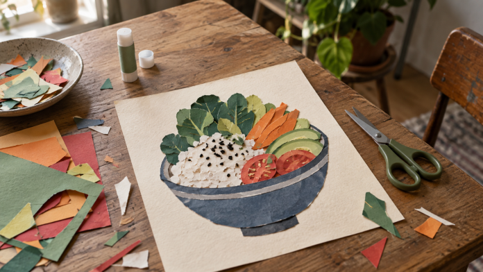 Brampton paper art illustration: a layered paper food collage with scissors and paper offcuts on a wooden table.