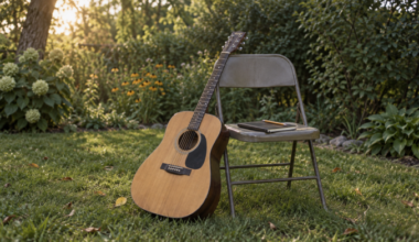 Flower City Songwriters illustration: an acoustic guitar beside an empty chair and notebook in a garden.