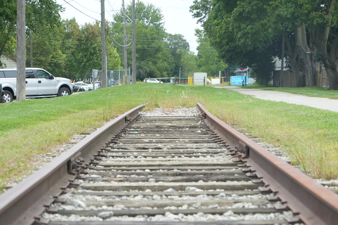 A rusty railroad tracks that ends and becomes grass, surrounded by neighbourhood on both sides.