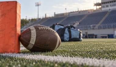 Illustration for Toronto Argonauts coverage: a football beside an orange sideline marker.