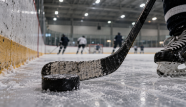 Illustration for Brampton Steelheads coverage: a hockey puck, stick and skate on rink ice.