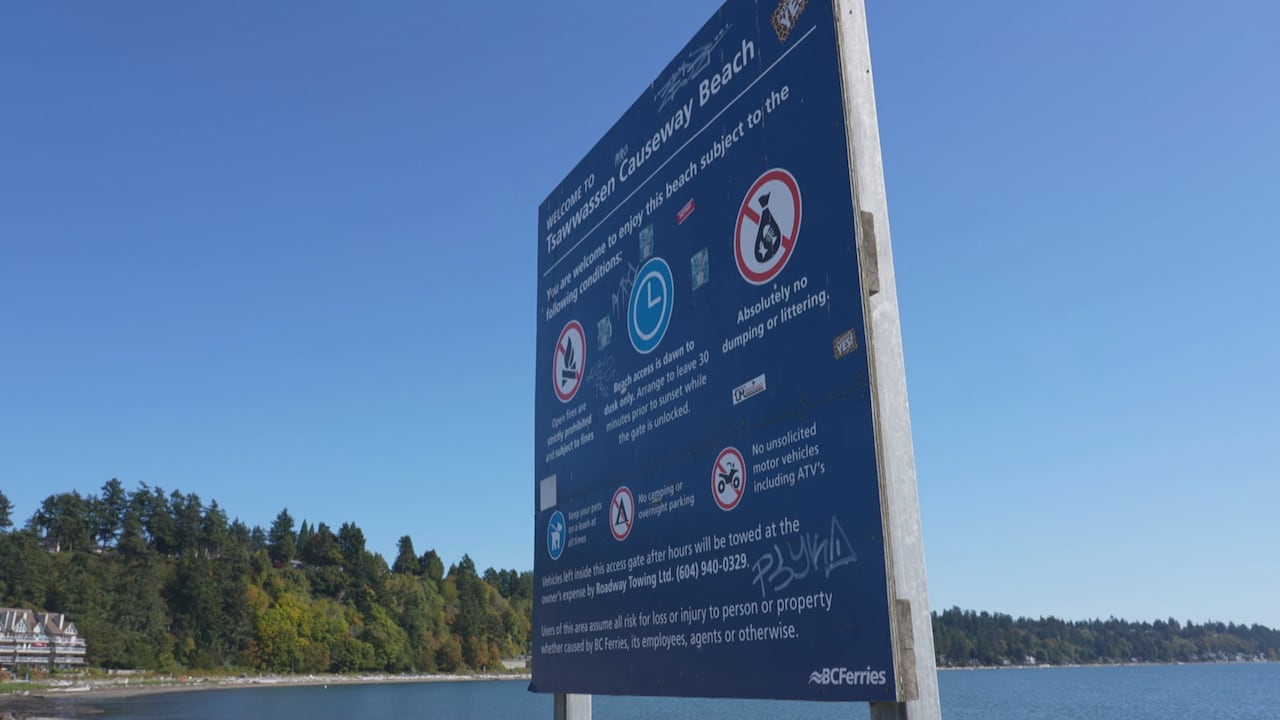A sign at a beach with B.C. Ferries logo, instructing people to not dump or litter.