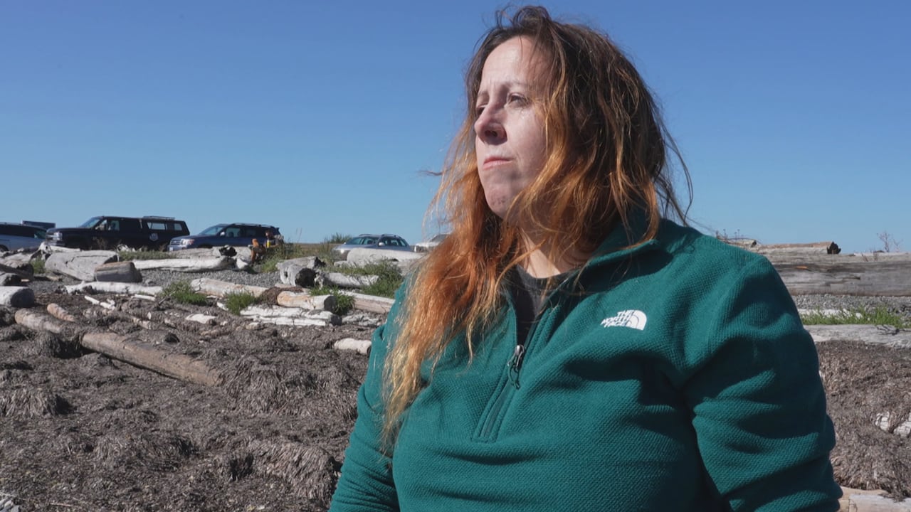 A woman with long hair and a beach in the background.