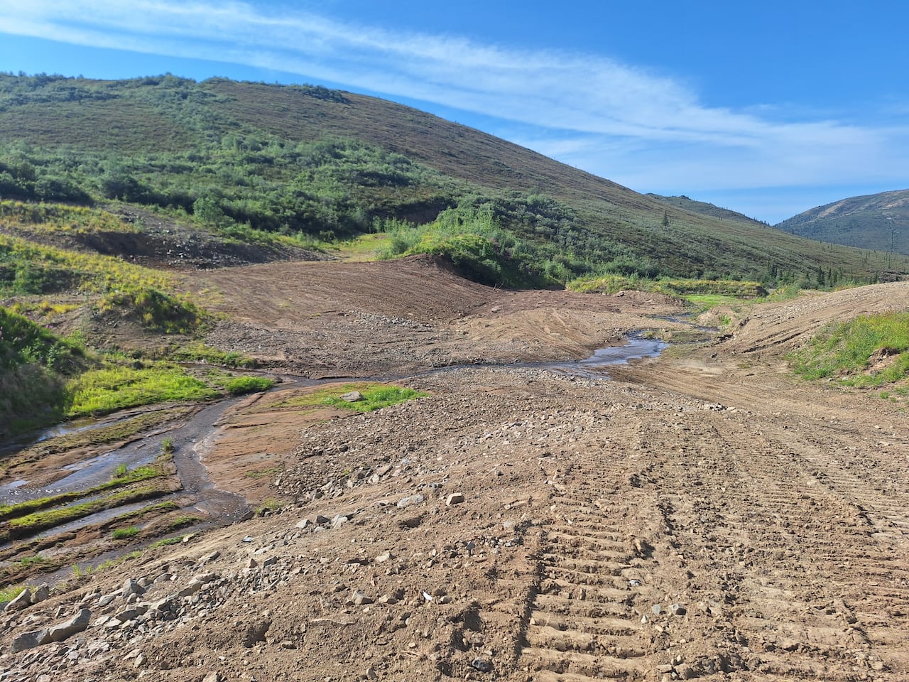 This photo shows what remains of the Discovery Creek mine site: a patch of dirt marked with vehicle tracks in the foreground, with some forested hills in the background.