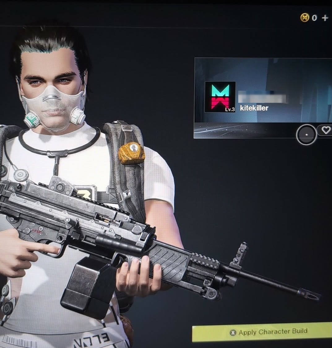 A screenshot from a video game shows an avatar of a man wearing a face mask and holding a large gun. The word kitekiller appears in a box to the avatar's right.