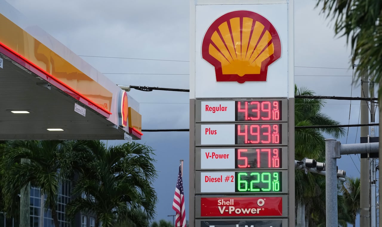 High gas prices are seen on the Shell sign outside a station. The diesel is at 6.29.