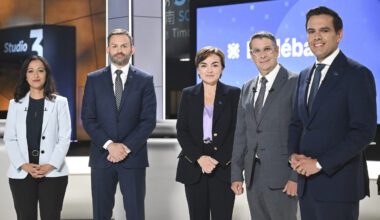 Quebec's five main party leaders pose at the Radio-Canada studios ahead of their debate