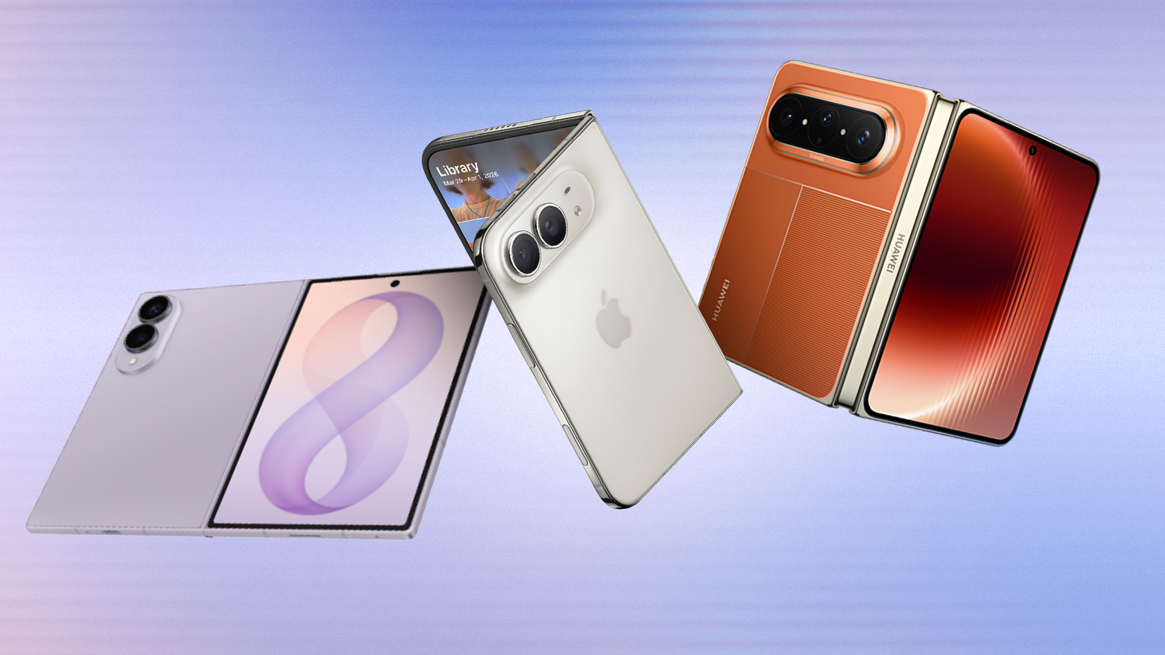 Samsung Galaxy Z Fold 8, iPhone Duo, and Huawei Pura Max foldable phones shown together.