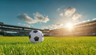 american soccer ball on grassy field in stadium on a sunny day.