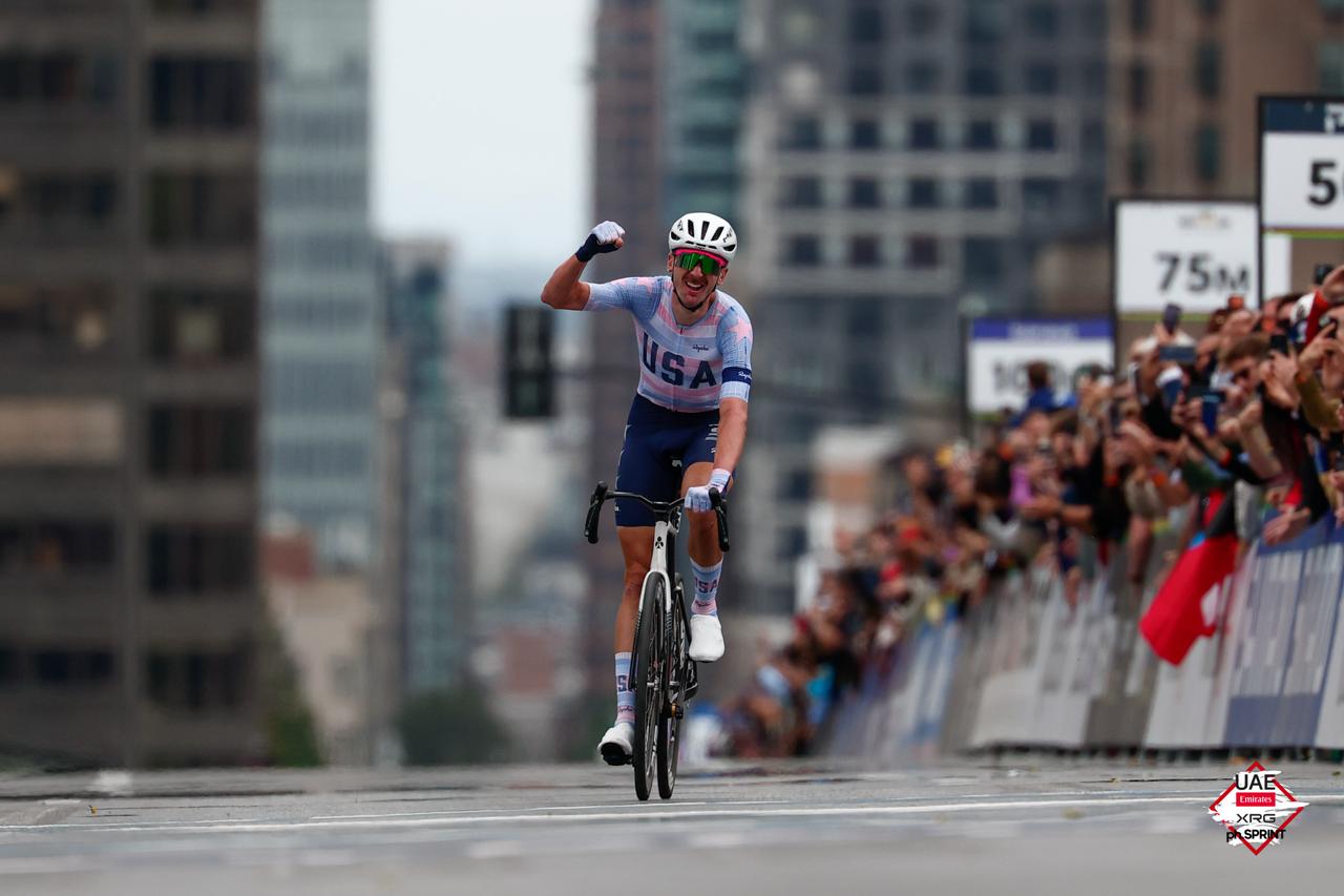 Brandon McNulty (USA) wins the 2026 UCI Road World Championships in Montréal, Quebec, Canada on September 27, 2026. Photo courtesy UAE Team Emirates-XRG