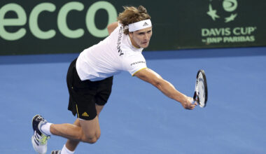 Alexander Zverev of Germany plays a shot in his match against Alex de Minaur of Australia at the Davis Cup World Group first round in Brisbane, Australia, Friday, Feb.2, 2018. (Tertius Pickard/AP)