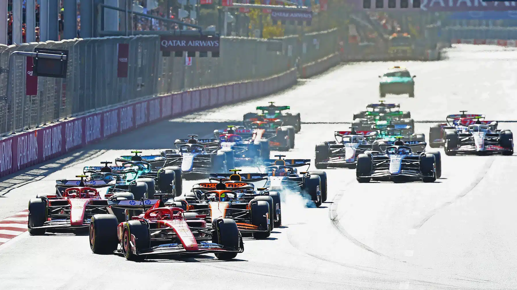 Charles Leclerc (Ferrari) takes the lead in the first corner after the start of the 2024 Azerbaijan Grand Prix