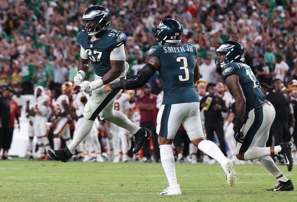 Philadelphia Eagles defensive tackle Moro Ojomo celebrates after stopping a potential game-tying two-point conversion attempt.