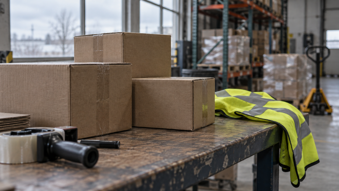 2026-09-16-amazon-wages Illustration of cardboard parcels and a safety vest on a warehouse bench.