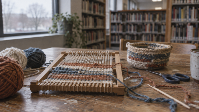 2026-09-16-library-textiles Illustration of a weaving frame, yarn and a coiled basket.