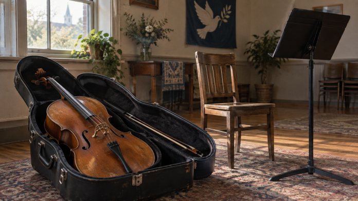 Diego Carneiro brings music and peacebuilding to Brampton illustration Diego Carneiro music feature illustration: a cello in its open case beside an empty chair.