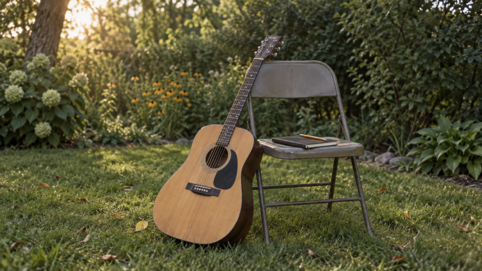 Flower City Songwriters: Free concert at Bovaird House illustration Flower City Songwriters illustration: an acoustic guitar beside an empty chair and notebook in a garden.