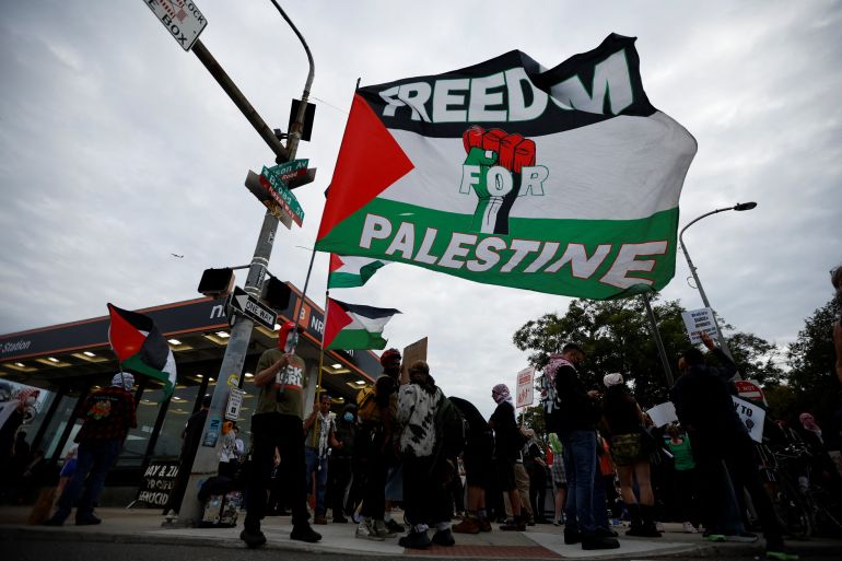 Pro-Palestinian protesters gather near Lincoln Financial Field, the venue of pop star Ed Sheeran’s concert, in Philadelphia, Pennsylvania, on September 19, 2026