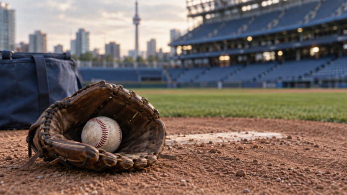Illustration for Blue Jays coverage: a baseball and glove beside a pitching mound.