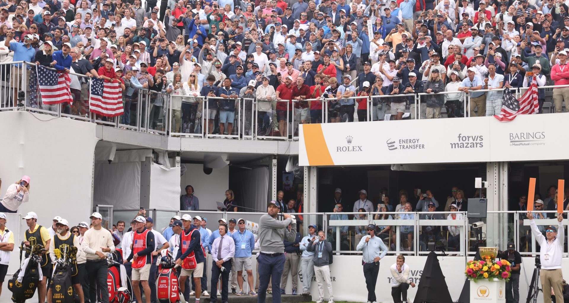 Sep 25, 2026; Medinah, Illinois, USA; Scottie Scheffler of the U.S. Team tees off on the first hole during the second round of the Presidents Cup.