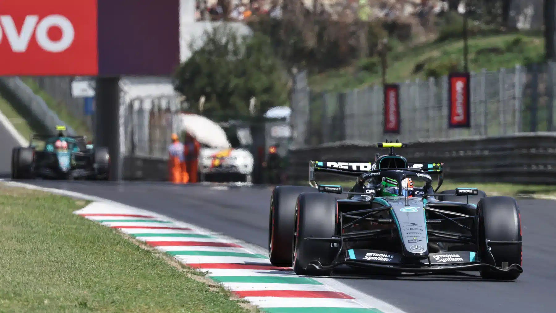 Kimi Antonelli (Mercedes) leads Fernando Alonso (Aston Martin-Honda) during FP3 practice before the 2026 Italian Grand Prix