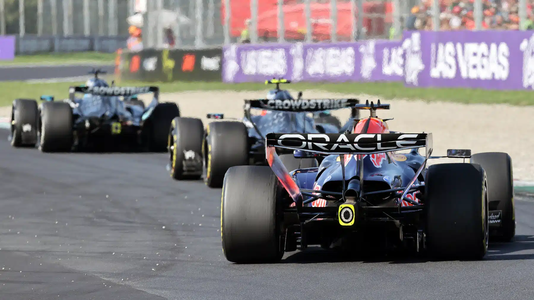 George Russell, Kimi Antonelli (both Mercedes) and Max Verstappen (Red Bull-Ford) seen from behind during the 2026 Italian Grand Prix
