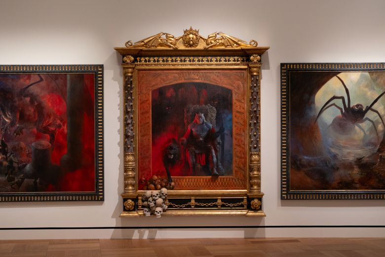 The “History of Narrative Art” exhibit displays recreations of ancient cave paintings, the Sistine Chapel, the Capitoline Wolf with Romulus and Remus, and a portrait of Henry VIII.