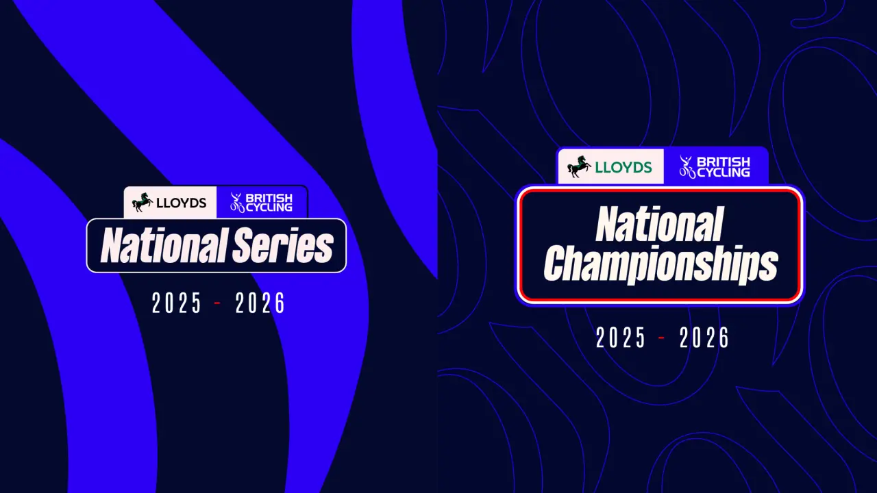 Side-by-side comparison of Lloyds and British Cycling branded logos for National Series 2025-2026 and National Championships 2025-2026 with bold white typography on dark blue backgrounds