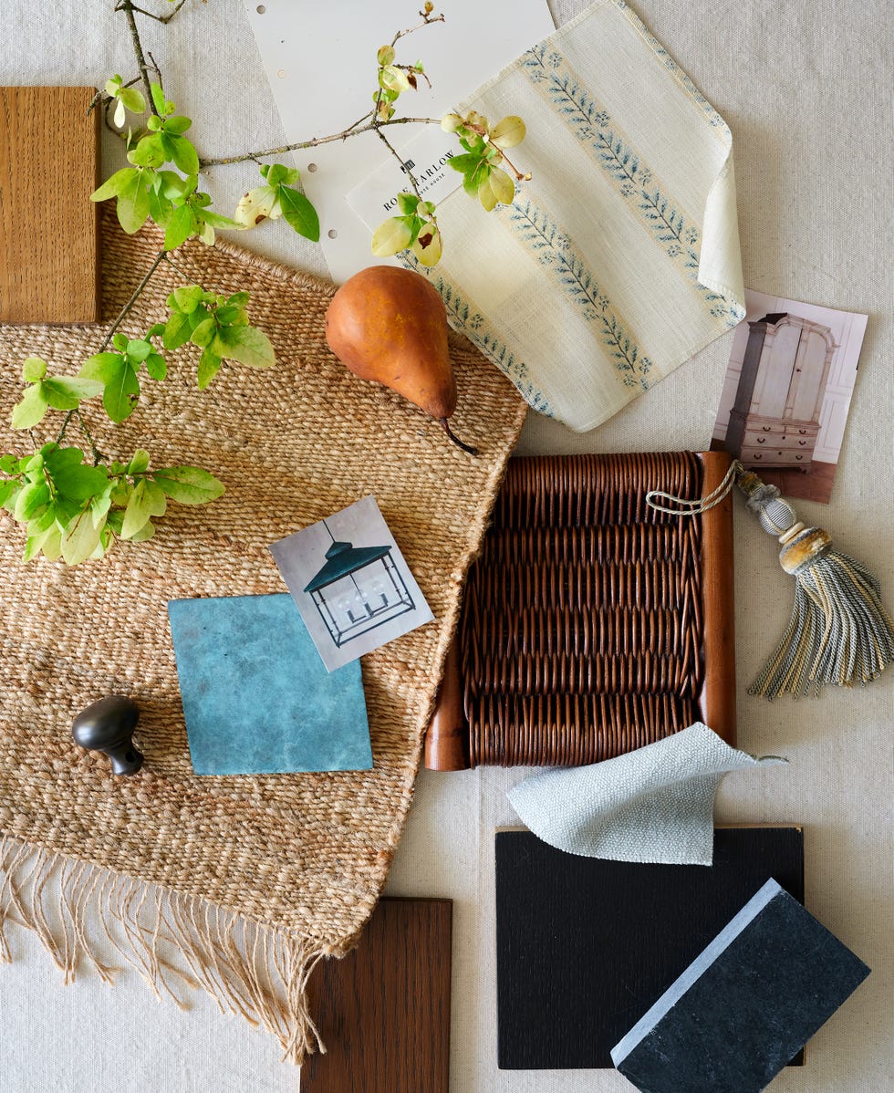 Collection of various textures, colors, and materials including fabric, wood, a pear, and decorative photos.