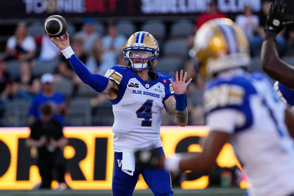 Justin Tang / THE CANADIAN PRESS FILES
Winnipeg Blue Bombers quarterback Dru Brown will get the start on Friday. The club’s backup pivot helmed the team to a 30-21 victory the last time the Toronto Argonauts were in town this season.
