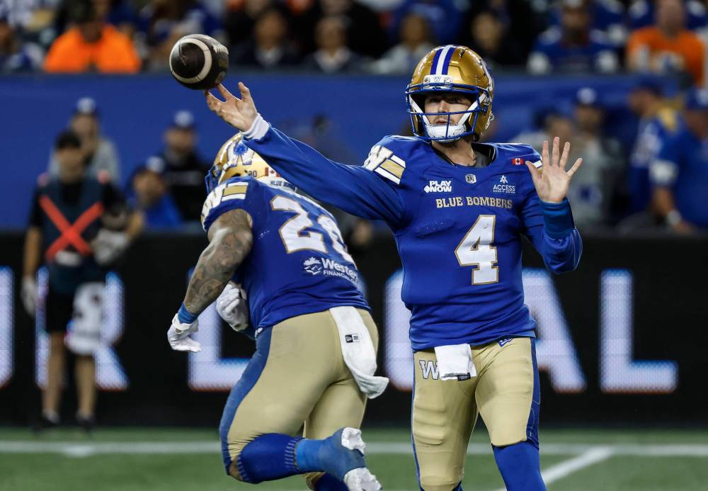 JOHN WOODS / THE CANADIAN PRESS
Winnipeg Blue Bombers quarterback Dru Brown (4) throws against the Toronto Argonauts during the second half in Winnipeg on Friday.