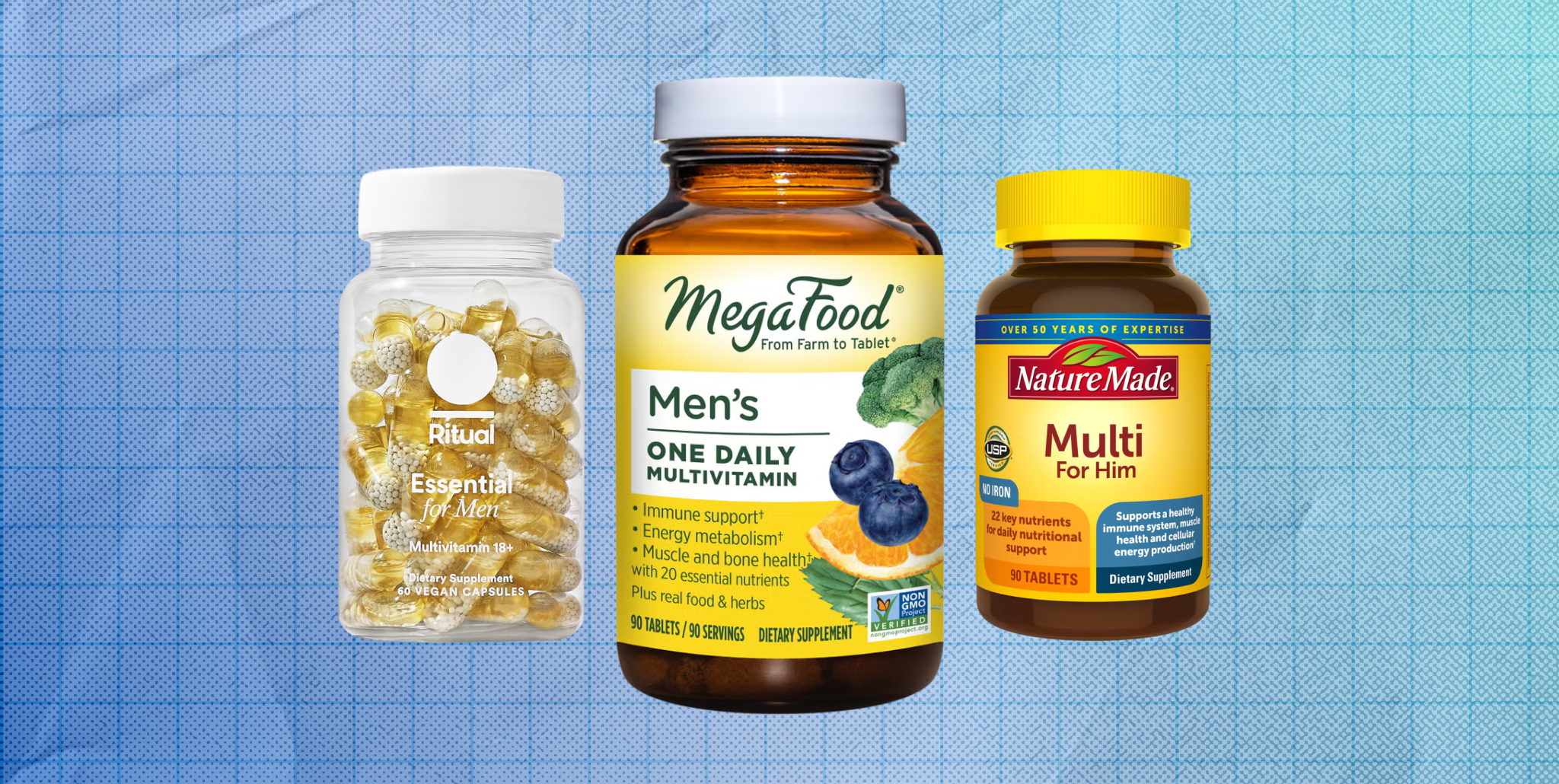 three bottles of men's multivitamins on a blue grid background