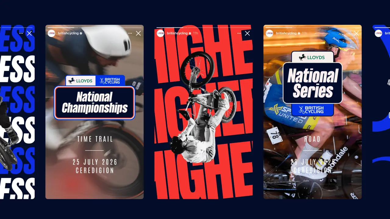 Three event posters for Lloyds National Championships and National Series cycling events, featuring bold typography and action imagery of cyclists and bikes