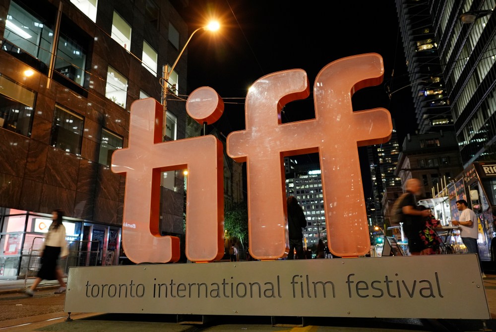 FILE - A sign for the Toronto International Film Festival appears on the opening night of the festival in Toronto on Sept. 5, 2024. (AP Photo/Chris Pizzello, File)