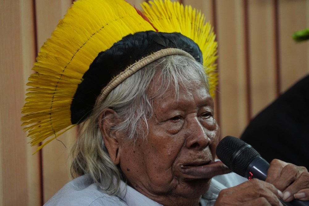 FILE - Indigenous Chief Raoni Metuktire speaks, Nov. 15, 2025, in Belem, Brazil. (AP Photo/Joshua A. Bickel, File)