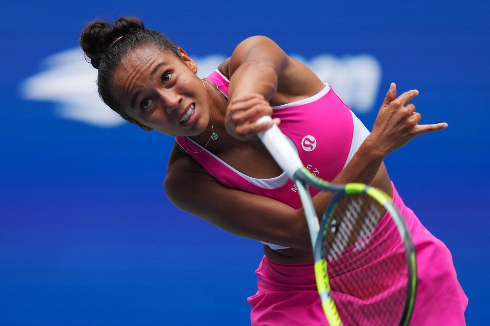 Leylah Fernandez, of Canada, serves the ball to Jessica Pegula, of the United States, during the third round of the U.S. Open tennis championships Friday, Sept. 4, 2026, in New York. (AP Photo/Kirsty Wigglesworth)
