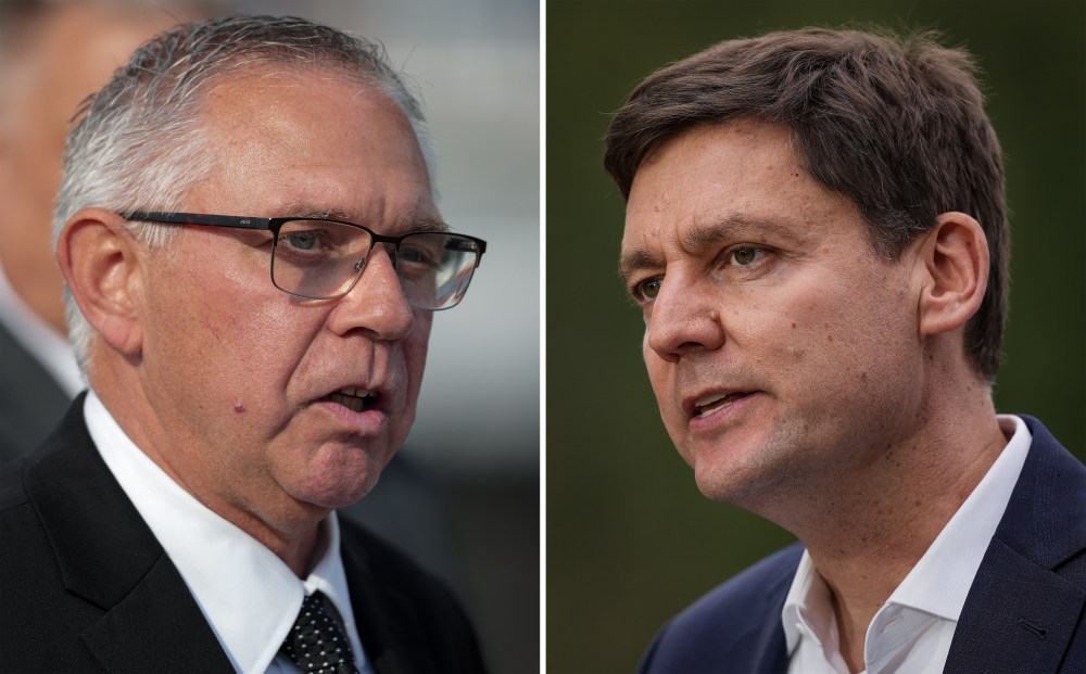 In this two photograph panel; B.C. Conservative interim Leader Lorne Doerkson, left, speaks in Vancouver, on Tuesday, Sept. 22, 2026, and B.C. NDP Leader David Eby, right, speaks in Surrey, B.C., on Wednesday, Sept. 23, 2026, during provincial election campaign stops. THE CANADIAN PRESS/Darryl Dyck