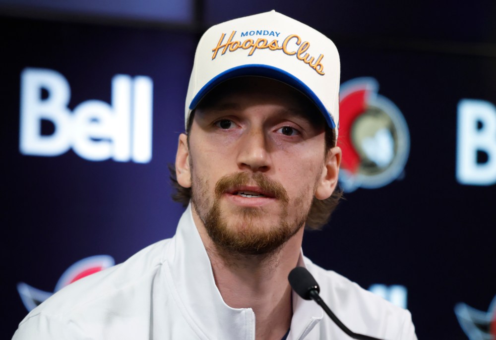 Ottawa Senators' Thomas Chabot speaks to media during a year end press conference in Ottawa on Monday, April 27, 2026. THE CANADIAN PRESS/ Patrick Doyle