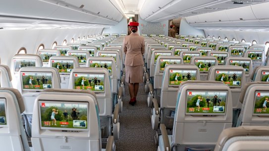 Economy class entertainment screen aboard an Airbus A350.