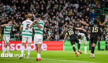 Ferencvaros celebrate retaking the lead against Celtic