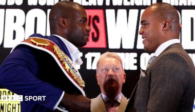 Daniel Dubois (left) has the WBO heavyweight title on his shoulder and is facing off with Fabio Wardley (right)