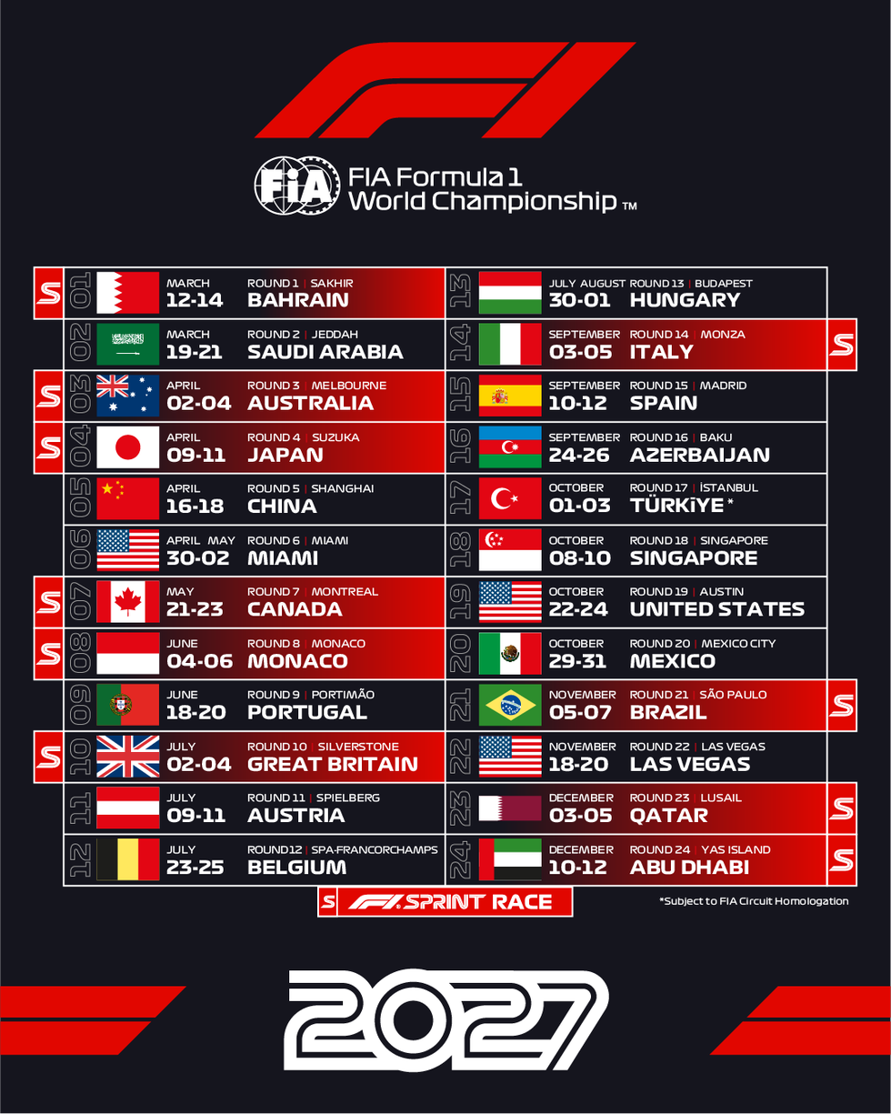 FIA Formula 1 World Championship 2027 race schedule with dates and locations for each round.
