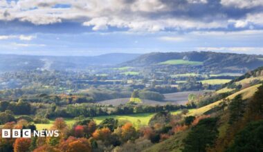 View from Colley Hill in Reigate looking across Surrey Hills countryside in autumn along the North Downs Way. Surrey.