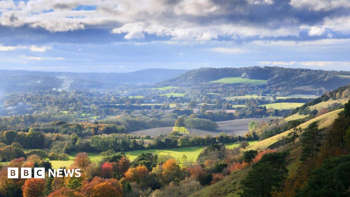 View from Colley Hill in Reigate looking across Surrey Hills countryside in autumn along the North Downs Way. Surrey.
