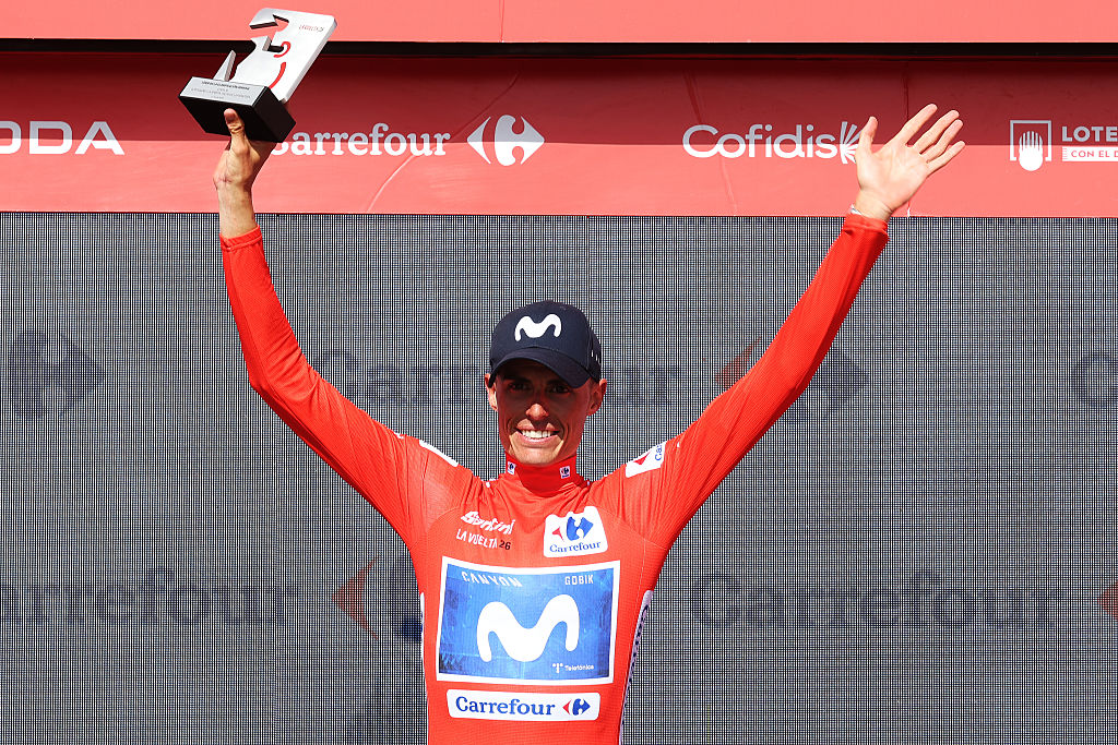Enric Mas (Movistar) on the podium after stage 16 of the 2026 Vuelta a Espa&ntilde;a in Palos de la Frontera, Spain. (Photo by Alexander Hassenstein/Getty Images)